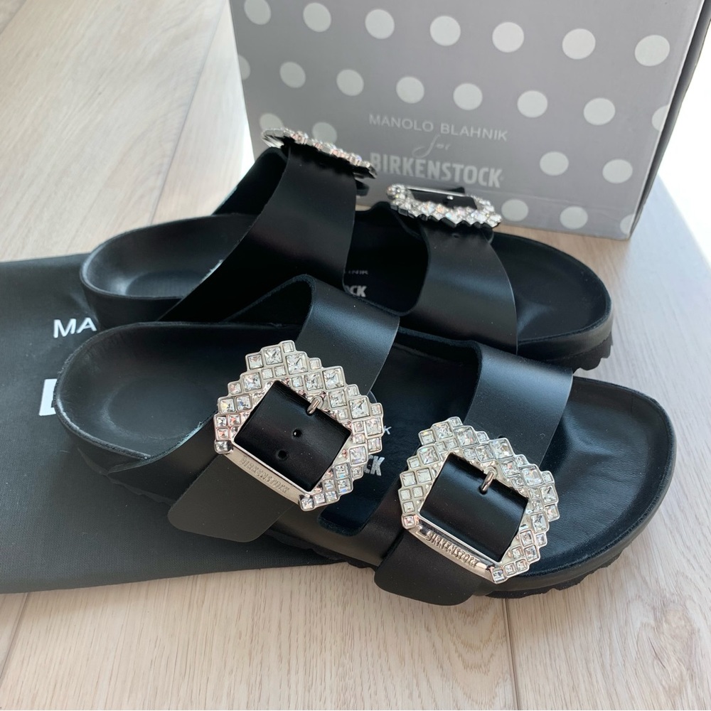 Manolo Blahnik x Birkenstock Black Leather Arizona Crystal Buckle Sandals - Picture 5 of 9